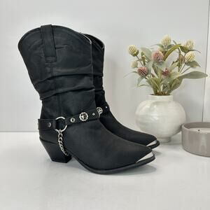 Dingo Olivia DI 522 Pigskin Leather Boot Silver Tone Concho Strap Black Women 8M